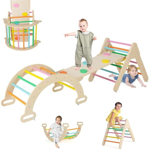 SOARS 7 en 1 Triangle d'Escalade Montessori en Bois de Hêtre, Parcours Motricité Bébé, Arche Montessori Bebe, Rampe Double Face, Échelle, Arche Bascule, Charge 50KG, pour Tout-petit 1 An+, Multicolore