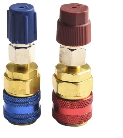 Eawfgtuw Juego de adaptadores de extensión de acoplador rápido R134A para aire acondicionado de coche, conectores laterales altos y bajos con tapa azul roja, 180 grados para manómetro de CA