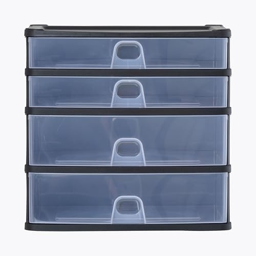 Wham Organise 4 Drawer Medium Plastic Storage Unit | 2 x Deep & 2 x Shallow Drawers | Slimline Design | Ideal for Office, School & Home Storage | Fits A4 | Made in UK