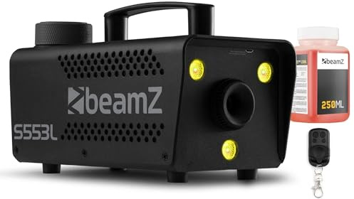 BeamZ Nebelmaschine S553L - LED Nebelmaschine Mini mit Lichteffekt - inkl. 250ml Nebelfluid, 550 Watt mit Fernbedienung, Rauchmaschine Party, Smoke Machine mit 3 LEDs RGB, Nebelmaschine Halloween