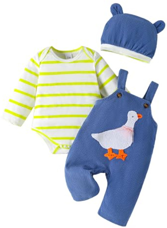 LUVCES Babykläder för pojkar, långärmad randig sparkdräkt + söta hängslen, overall med tecknade djur mössa för pojkar, 3 st, höstoutfit 0–18 månader, A: 3 st grön randig gås, 3-6 månader