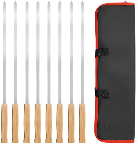 Vestamore Ocho pinchos de acero inoxidable para asar a la parrilla, 17.4 pulgadas de largo, diseño plano con mango de madera, bolsa incluida