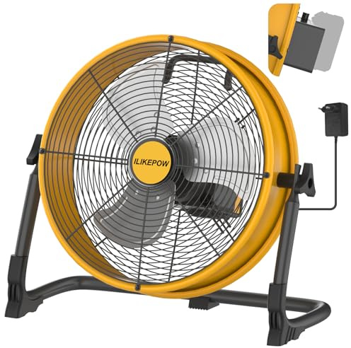 ILIKEPOW Akku Bodenventilator kompatibel mit Dewalt 18/20V Akku, 12 Zoll Kabelloser Ventilator Leise, Netzteil, USB Ladeanschluss, Stufenlos Regelbar für Baustelle, Werkstatt, Camping (ohne Akku)