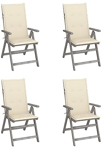 Owoxanthellate Akazie Gartenstuhl Set Grau, verstellbar 57×69×110 cm, cremeweiße Auflagen, Terrassenstühle für Garten, Balkon, Camping