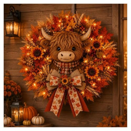 Cute Autumn Highland Cow Wreath Decoration with Lights,Cow Head Door Hanger