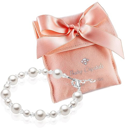 Baby Crystals Baby Girl Bracelets for Girls – Sterling Silver with White Simulated Pearls & Crystals, Sizes for Newborn, Infant & Toddler, Safe Keepsake Jewelry Gift