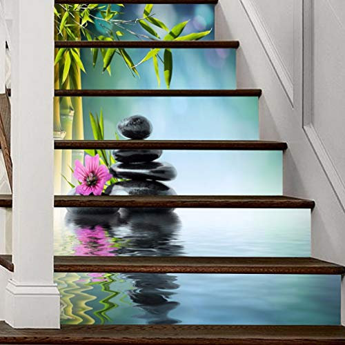 A.Monamour Autocollants d'escalier Auto-adhésifs 3D Orchidée Fleur Bambou Zen Galets Vinyle Imperméable Sticker Contremarche d'escalier Sticker Carrelage Sticker Mural Autocollant Mural Art Décor DIY