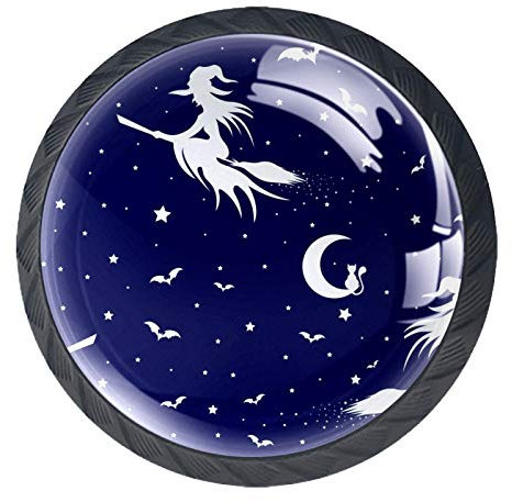 BestIdeas Round Drawer Knobs 4 Packs 30mm Pulls Handles Flying Witch on Broom and Bats Prints Used for Bedroom Dresser Cabinet Cupboard Kitchen Door