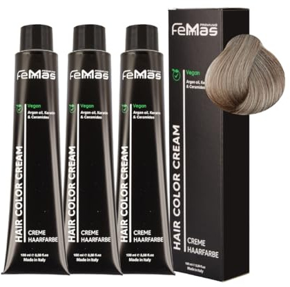 FemMas Tinte para el cabello 3 x rubio claro ceniza 8.1 I crema tinte para el cabello con aceite de argán, queratina y ceramidas, como coloración permanente o tinte para obtener resultados de color