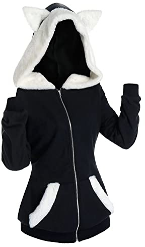 Tomwell Sweats à Capuche Pull en Peluche à Capuche Oreilles de Chat Version Pull Rayé à Manches Longues et Pull à Capuche Sweatshirts Chemisiers Blouses A Noir L