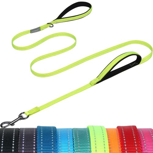 VIVAGLORY Führleine Hund Twingrip Leine Hund, 1.8m x 1.4cm, Neongelb | Hundeleine mit 2 Griffen & Doppelgriff Welpenleine für Joggingleine Hausleine, Breit & Dünne Reflektierend Nylon