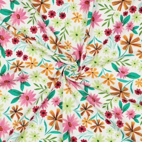 Jersey Stoff mit Blumen auf Ecru als Meterware zum Nähen, 50 cm