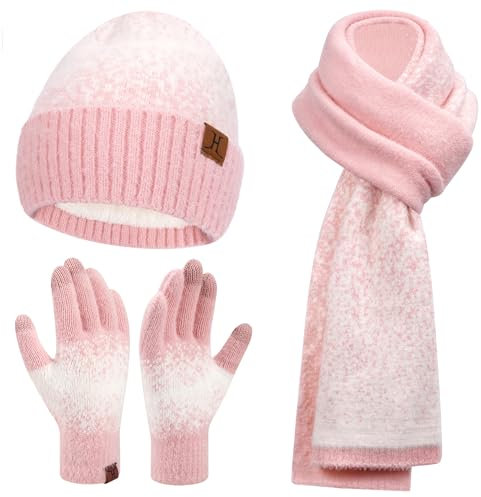 Damen Winter Warm Mütze Touchscreen Handschuhe und Lang Schal Set mit Fleece Gefütterte, Thermo Wintermütze Strickmütze Beanie Winterhandschuhe Strickhandschuhe Schals, Rosa Weiß