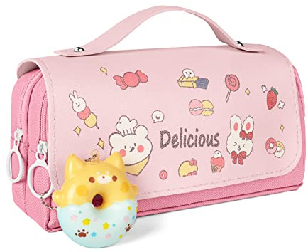 Vicloon Estuche Escolar, Estuche de Lápices de Rosquilla, Estuche Escolar con 3 Compartimentos, Estuche con Solapa, para Niñas Niños Adolescentes Estudiantes Adultos(Rosado)