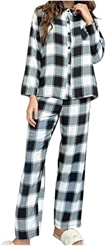 Chickwin Ensemble de Pyjamas à Carreaux Femme avec Chemise à Manches Longues et Boutonné et Pantalon, Vêtements de Nuit Chaud Doux et Confortable pour l'hiver Noël