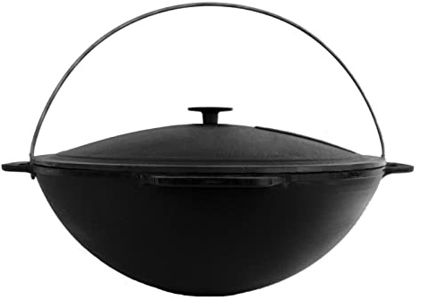 4BIG.fun Gusseisen Kazan 12 L Schwenktopf Kasan mit Deckel aus Gusseisen Wokpfanne Grill Cast Iron Campingtopf Kessel Asia Wok Traditioneller Gusstopf Grillwok