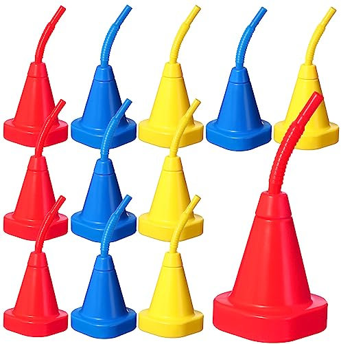 Plastic Race Car Party Cups with Straws Construction Cone Cups Bulk Cones Shaped Party Cups Reusable Race Car Birthday Supplies Set for Traffic Party Favor, 10 oz (Red, Blue, Yellow, 12 Pieces)