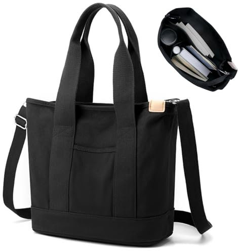 Aucuu Canvas Handtasche, Damen Umhängetasche, Tote Bag Schultertasche Shopper Mit Reißverschluss für Alltag, Schule, Einkaufen, Arbeit, Reisen