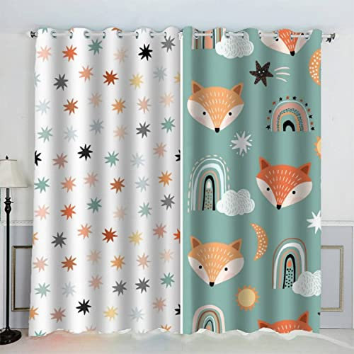 AKATIE Fuchs Süßer Cartoon Vorhänge Blickdicht mit Ösen 2er Set Kindervorhänge 3D Gedruckt Tier Fuchs Gardinen Modern Home Dekoration (183x214 cm)