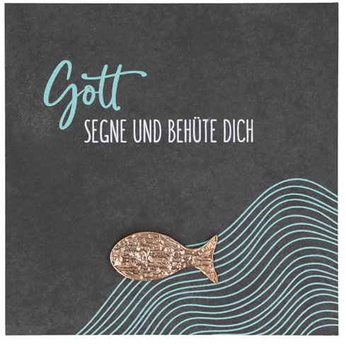 BUTZON & BERCKER Schieferrelief – Gott segne und behüte dich. Farbiges Wandrelief aus Schiefer zum Aufhängen mit Fisch aus Bronze, im Format 14,5 x 14,5 cm. Ideal für Taufe oder Kommunion