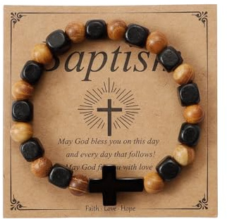 MILAKOO Holzarmband mit schwarzem Edelstahl Kreuz Charms Bead christliche Geschenke für Frauen Männer