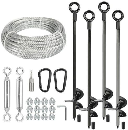 hannger 4 Pcs 30 Long Ground Anchors Shed Anchors Kit with 3/16 Galvanized Cable & Turnbuckles & Carabiners, Heavy Duty Earth Anchors for Sheds Trees Trampoline Greenhouse Swing Set Tent