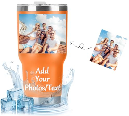 Thermal Travel Mug, Personalised Coffee Travel Mug with Photo Text, Insulated Mug Double-Walled Stainless Steel Vacuum, Coffee Cup Travel Mug for Office Outdoor Hot Cold Drinks 600ml (Orange)