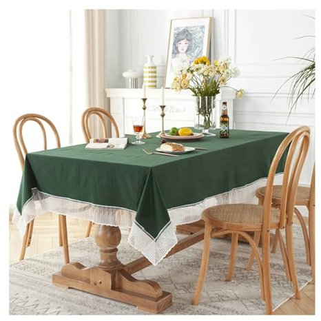 BCughia Tischdecke 130x180 Rechteckig, Tischdecke Fleckabweisend Baumwolle Spitze Einfarbig mit Spitze Kante Tischbedeckung für Küche Esstisch Dekoration, Dunkelgrün