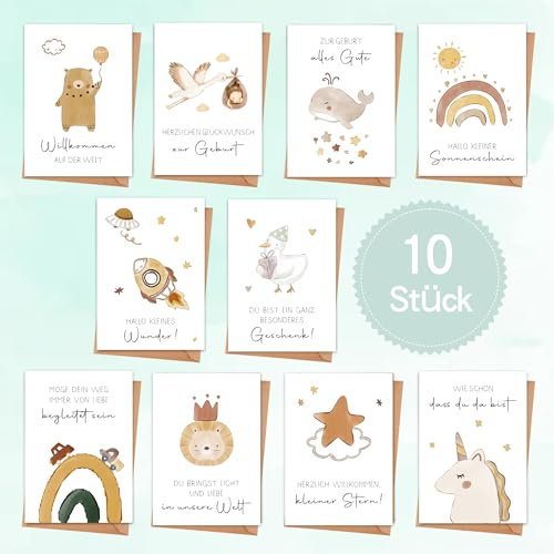 10 Glückwunschkarten zur Geburt Baby mit Umschlage - A6 Babykarten zur Geburt für Mädchen und Jungen - Moderne Klappkarten mit Niedlichen Aquarell-Tieren