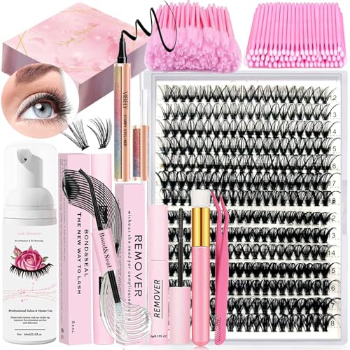 Qiveaory DIY Wimpern Extensions Kit 280Pcs Einzelne Wimpern Cluster 30+40D 12-18mm mit Kleber und Sealer Kleber Entferner Eyeliner WimpernShampoo Brush Wimpern Pinsel Pinzette Mini Applikator