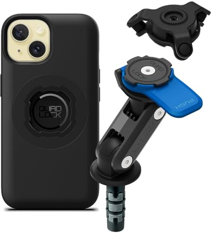 QUAD LOCK Gabelschaft-Handyhalterung für Motorrad mit Vibrationsdämpfer und MAG Hülle für iPhone 15