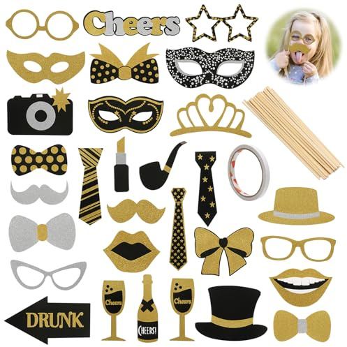 Puntelli per cabina fotografica, 30 pezzi, colore: nero e oro, decorazioni per feste per adulti e bambini, divertenti oggetti di scena per Natale, Capodanno, barbecue, feste, compleanni, matrimoni