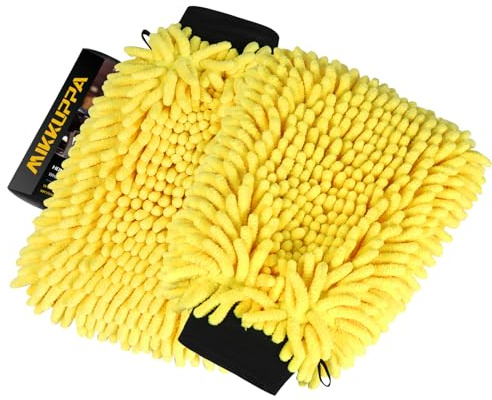MIKKUPPA Car Wash Mitt Microfiber - Double-Sided Chenille Scratch Free Mitt with Waterproof Inner for Car Washing Home Cleaning (Yellow, 2Pack, 10'' x 7'')