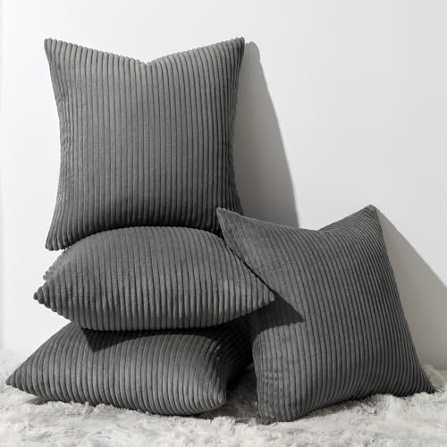 Topfinel Kissenbezug 60x60 cm Dunkel Grau 4er Set Kordsamt Kissenbezüge Kissenhülle Dekokissenbezug sofakissen dekokissen deko für Sofa Schlafzimmer Wohnzimmer Balkon Kinder flauschig Farbverlauf