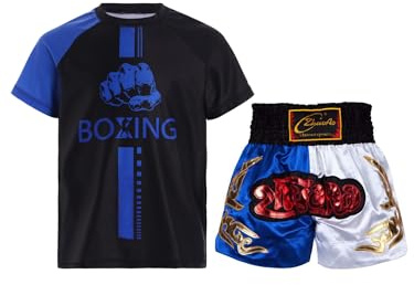 Xnihocha Tuta per bambini e ragazzi, a maniche corte, da boxe, per arti marziali, kickboxing, maglietta e pantaloncini MMA Sport Set, blu bianco, 134-140