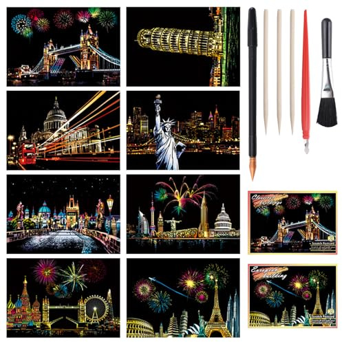 URROMA 8pcs Scratch Painting Rainbow Paper Set Arcobaleno Pittura Scratch Off Doodle Carta Scratch Paper Kit Arti con Strumenti Paesaggio Scratchboard