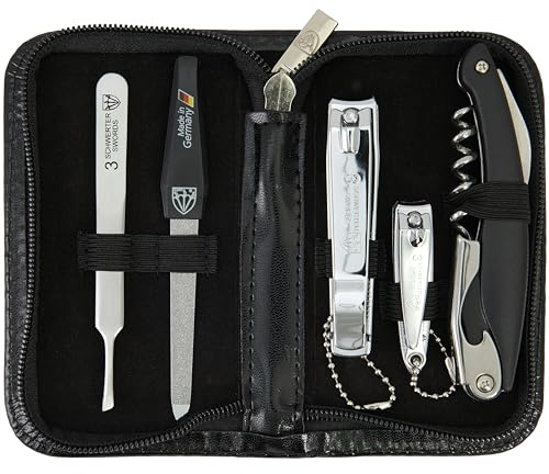 DREI SCHWERTER | 5-tlg. Reise Maniküre Set 'Trim & Twist' | Inhalt: Fußnagelknipser, Fingernagelknipser, Pinzette, Saphirnagelfeile und Kellnermesser mit Korkenzieher in schwarzem Kunstleder Etui