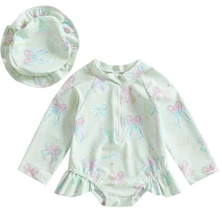 Siyova Costume da Bagno Intero Neonata Tuta Costume da Mare Spiaggia Piscina Bambina Manica Lunga Stampa Flamingo/Fiore con Cerniera Estate Primavera (Verde Chiaro, 6-9 Months)