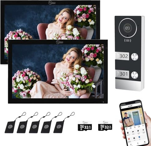 Verdrahtete Video-Sprechanlage für Wohnungen 2 Einheiten 10 Zoll Touch Monitor Wireless WiFi Video Türklingel System, Video-Türsprechanlage, 3 in 1 Unlock, Dual Way Intercom für Home Villa (schwarz)