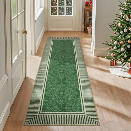Geanup Tappeto passatoia a righe per corridoio, 60 × 180 cm, verde, lavabile, con retro in gomma antiscivolo, tappeto per cucina, morbida lana sintetica a pelo basso, tappeto moderno lungo per