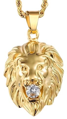 Unified Jewellery Bold Gold Lion Head Pendant Necklace for Men, Iced Out Cubic Zirconia Eyes, 60cm Rope Chain, Hip Hop Statement Jewellery Gift for Him 662