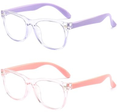 FANNYGO 2 Pack kids Blue Light Blocking Glasses For Girls And Boys Computer Blue Light Blocking Glasses For Age 3-11 (Light purple + Light pink)