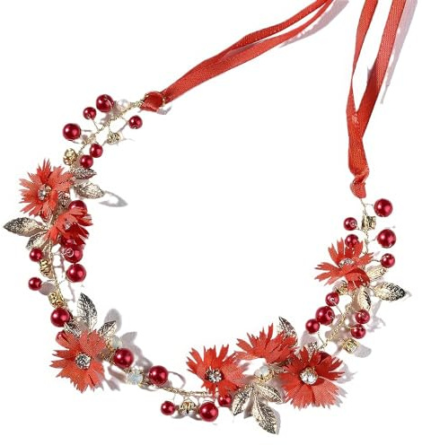 Chiorgone Corona de flores rojas, diadema de hojas doradas con bayas y cristales, tocado floral de boda para novias, accesorio festivo para el cabello (rojo)