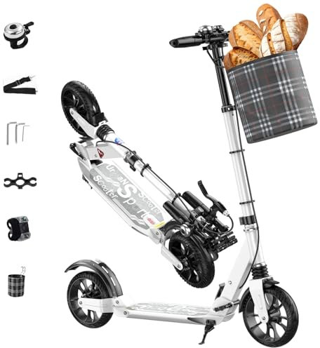 GHBXJX Cityroller Aluminium Scooter,höhenverstellbar klappbar Ink Traggurt rutschfeste Deck Tritt-Bremse für Kinder und Erwachsene,bis 150kg belastbar,Stoßdämpfende,20cm Räder,Weiß
