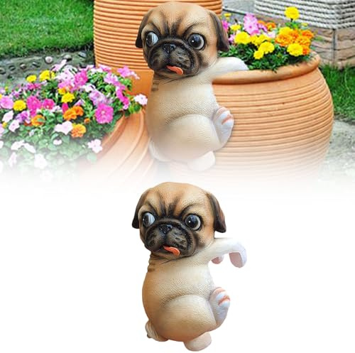 Cute Dog Figurines Hanging Flower Pot Hugger Resin Puppy Figure Vase Hugger Ornament Funny Pug Planter Pot Hanger for Garden Decorations (Khaki)