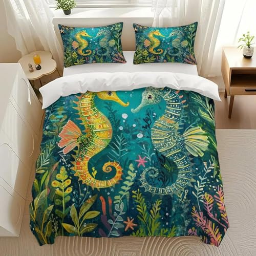 Cisdanoty Seahorse Duo Bedding Comforter Sets Bedding Set 3 Pieces (1 Duvet Cover 2 Pillowcases) with Zipper Closure Lightweight