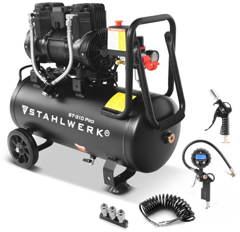 STAHLWERK Kompressor mit 30 L Tank (ST-310 Pro) – mit Zubehör – ölfrei & leise, 8 bar, 1,97 PS (1,45 kW), 250 l/min, 70 dB, Druckluftkompressor mit Brushless-Motoren, Silent-/Flüsterkompressor