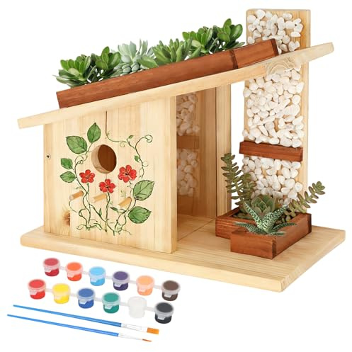 Modern Birdhouse Holzbearbeitung Kit, Natürliche Zedernholz Vogelhäuser für Draußen mit Farbset, Kreatives DIY Vogelhaus Geschenk für Erwachsene, Bauen Sie Ihr eigenes Vogelhaus Kit