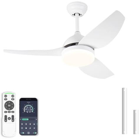 OPFLI Ventilador de Techo con Luz Silencioso, Motor DC, 6 Velocidades, 3 Colores, Temporizador, Modo Brisa Natural, Doble Altura - Ideal para Verano e Invierno (Blanco, 92 CM)