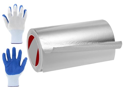 sourcing map 1 Pack Fiberglass Aluminum Foil Tape, 200mm x 20m Adhesive | Aluminum Foil Heat Shield Tape Heat Resistant Sealing Tape High Temp Protection with Gloves for HVAC, Pipe, Auto